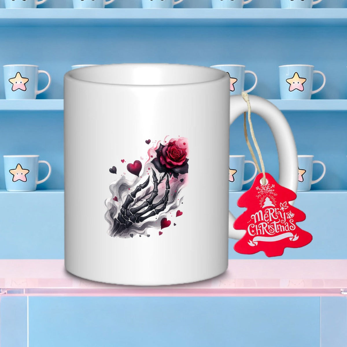 Tailorly White Ceramic 11 oz Mug - Merry Christmas Gothic Skeletal Hand Holding A Dark Red Rose Among Small Floating Hearts Hand