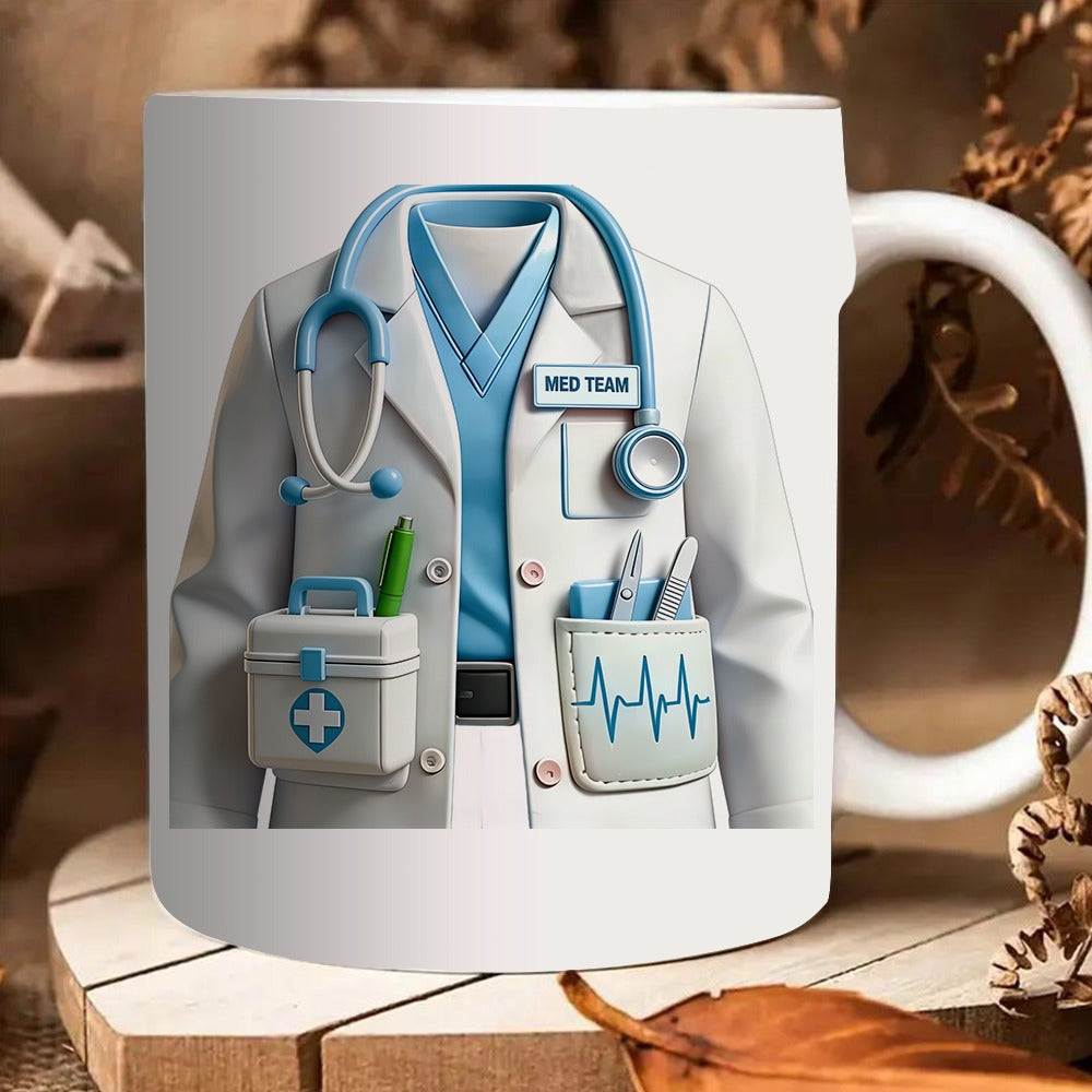 Tailorly White Ceramic 11 oz Mug - Med Team Professional White Doctor Coat With Blue Scrubs And Stethoscope Uniform