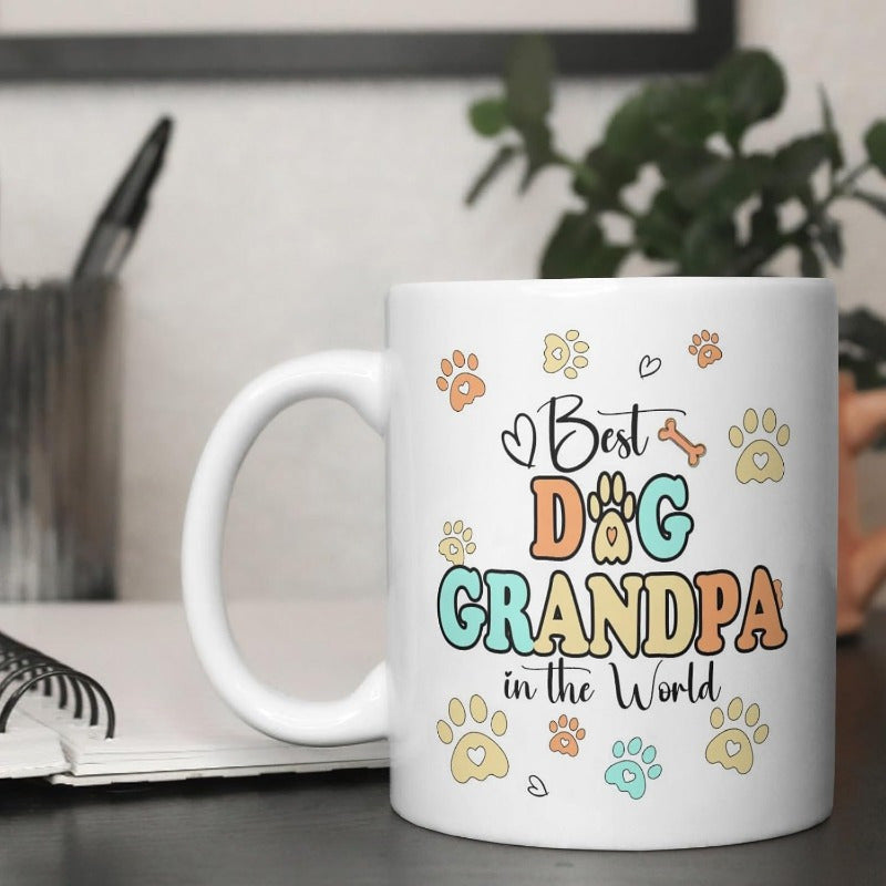 Tailorly White Ceramic 11 oz Mug - Best Dog Grandpa In The World Playful Paw Prints And Hearts With Little Bone Elements Paw