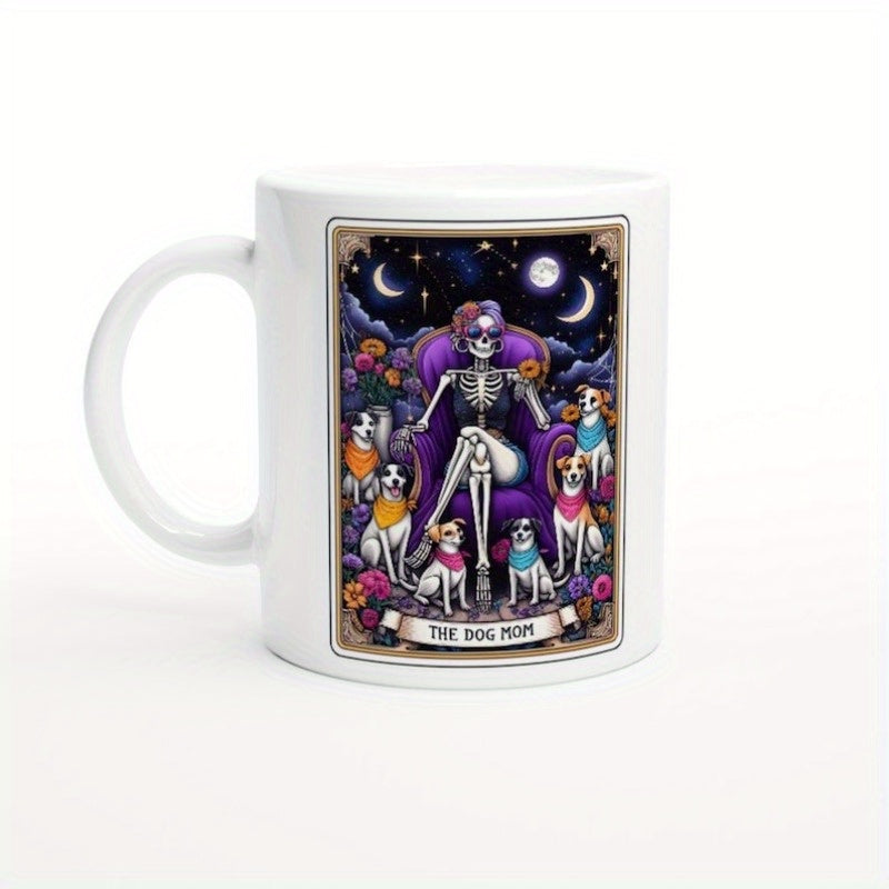 Tailorly White Ceramic 11 oz Mug - The Dog Mom Mystical Night Sky Above Gothic Queen Sitting On Purple Throne Skeleton