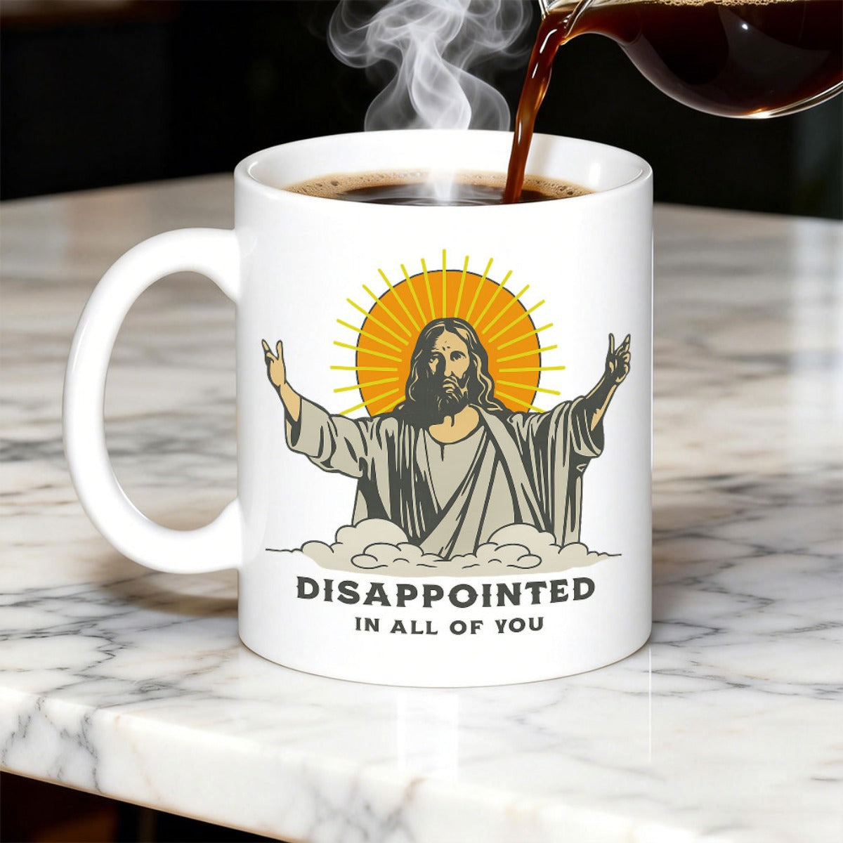 Tailorly White Ceramic 11 oz Mug - Disappointed In All Of You Sacred Figure Rising From Clouds Beneath A Radiant Golden Sun Halo Jesus