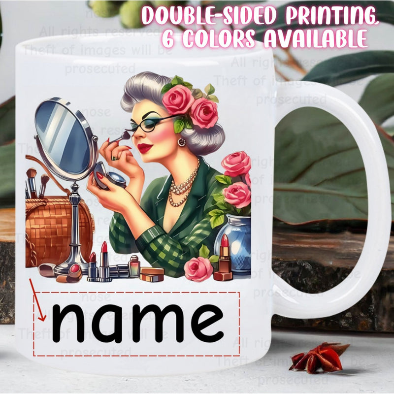Tailorly White Ceramic 11 oz Mug - Name Elegant Vintage Lady Applying Makeup In Front Of Classic Mirror With Roses Woman