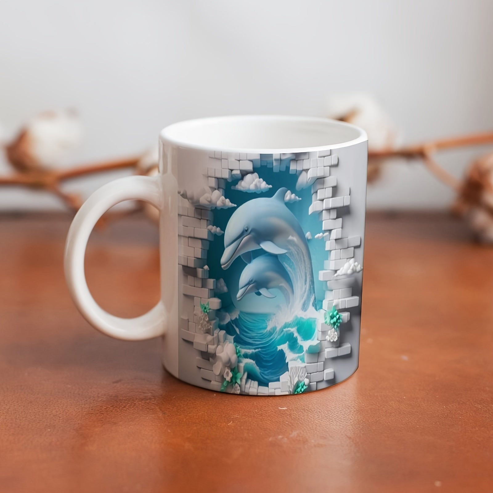 Tailorly White Ceramic 11 oz Mug - Graceful Marine Life Jumping Through Broken White Brick Wall Dolphin