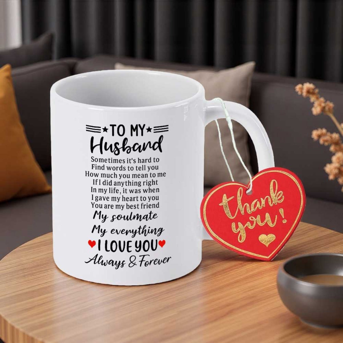 Tailorly White Ceramic 11 oz Mug - To My Husband Always Forever Thank You White Ceramic Vessel With Sentimental Typography And Heart Shaped Decorative Tag Mug