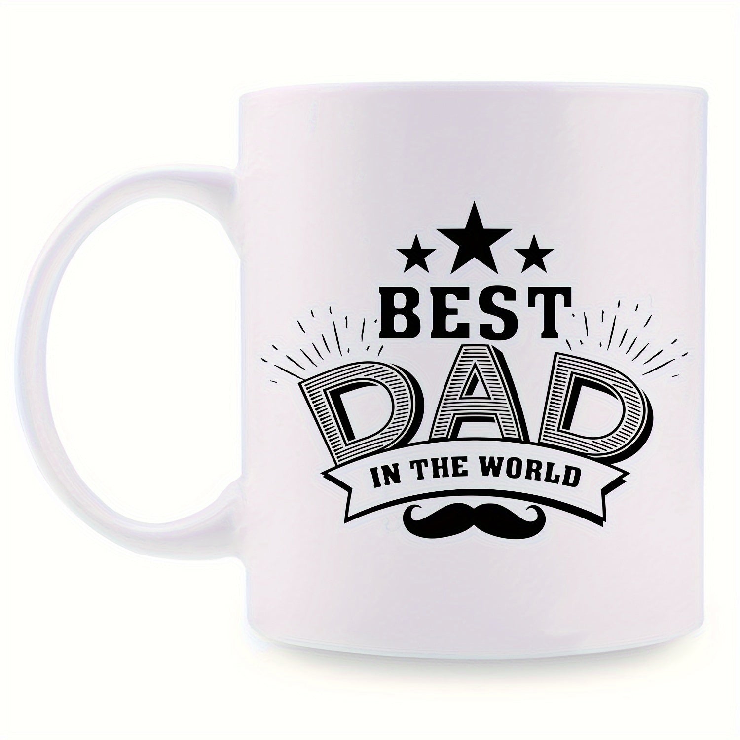 Tailorly White Ceramic 11 oz Mug - Best Dad In The World Three Bold Stars And Stylized Banner Above A Classic Mustache