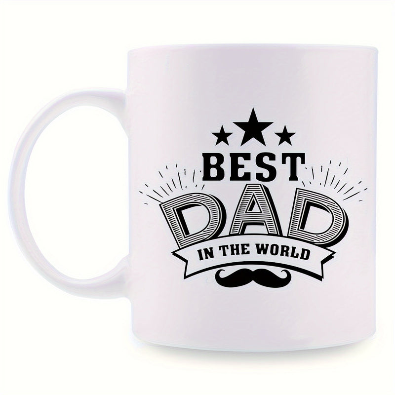 Tailorly White Ceramic 11 oz Mug - Best Dad In The World Three Bold Stars And Stylized Banner Above A Classic Mustache