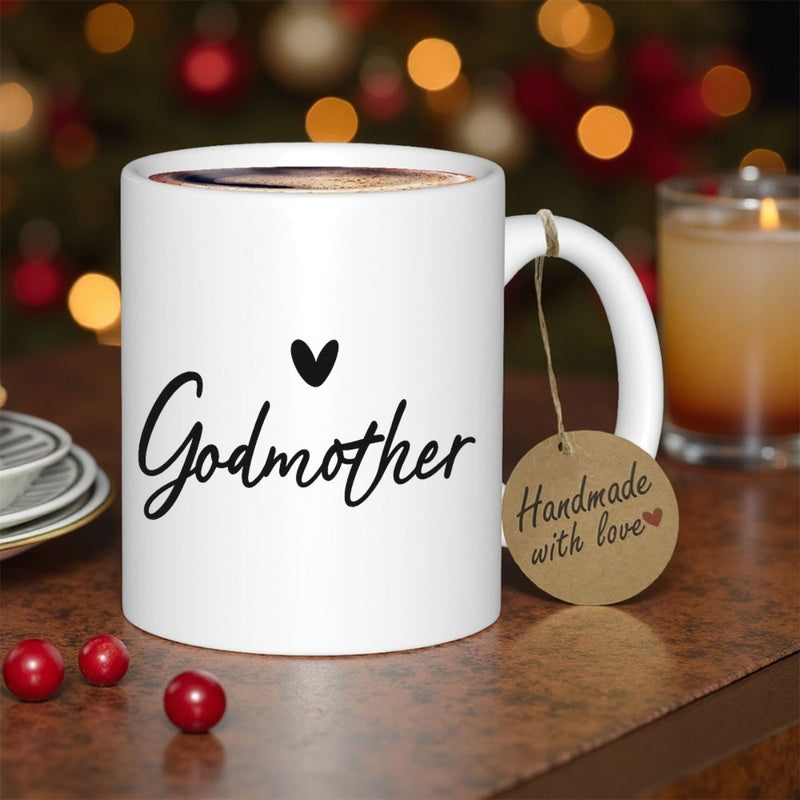 Tailorly White Ceramic 11 oz Mug - Godmother Minimalist Heart Symbol Floating Above Elegant Cursive Script Mug