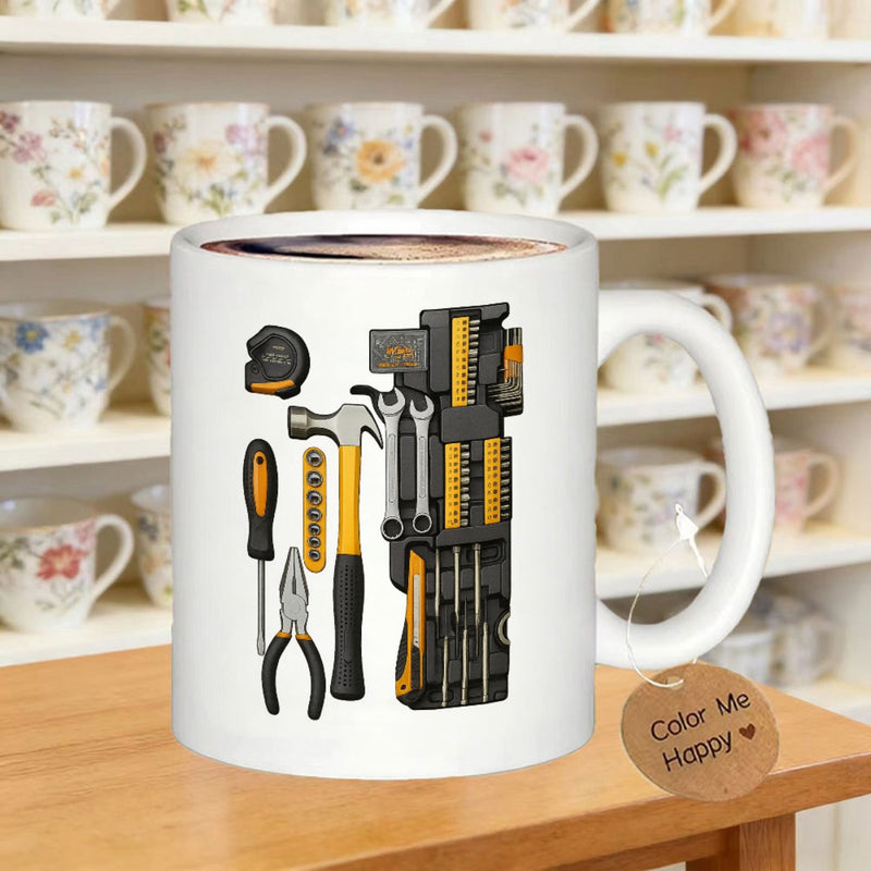 Tailorly White Ceramic 11 oz Mug - Hand Tools Including Hammer Pliers Screwdriver And Wrench Set Inside Organizer Tools
