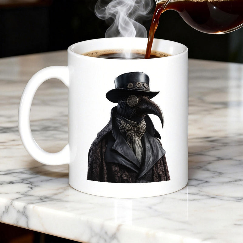 Tailorly White Ceramic 11 oz Mug - Mysterious Dark Cloaked Figure Wearing Iconic Long Beaked Mask Plague Doctor