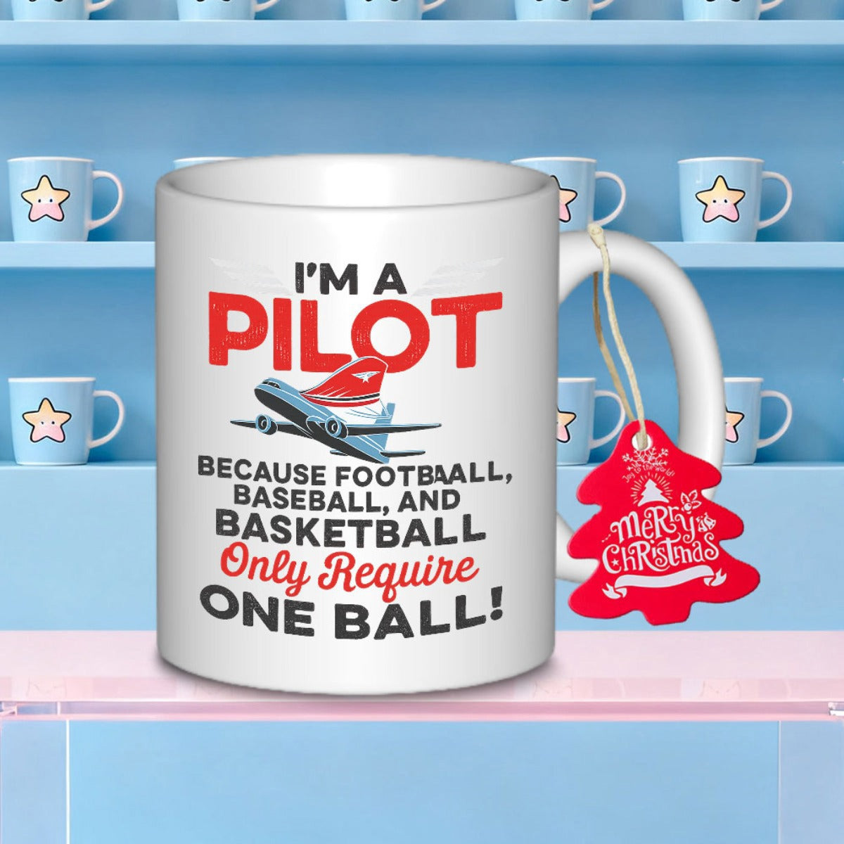 Tailorly White Ceramic 11 oz Mug - Im A Pilot Because Football Baseball And Basketball Only Require One Ball Commercial Jet Flying Through Clear Sky With Vibrant