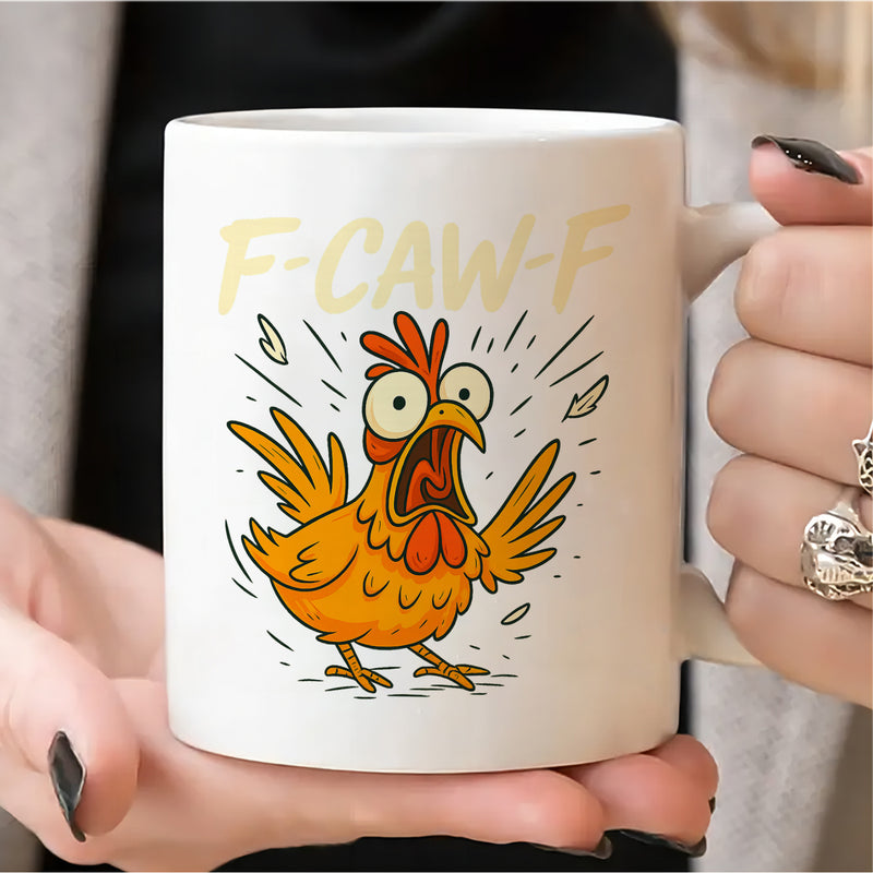 Tailorly White Ceramic 11 oz Mug - F Caw F Funny Cartoon Scared Orange Rooster Squawking In High Energy State Chicken