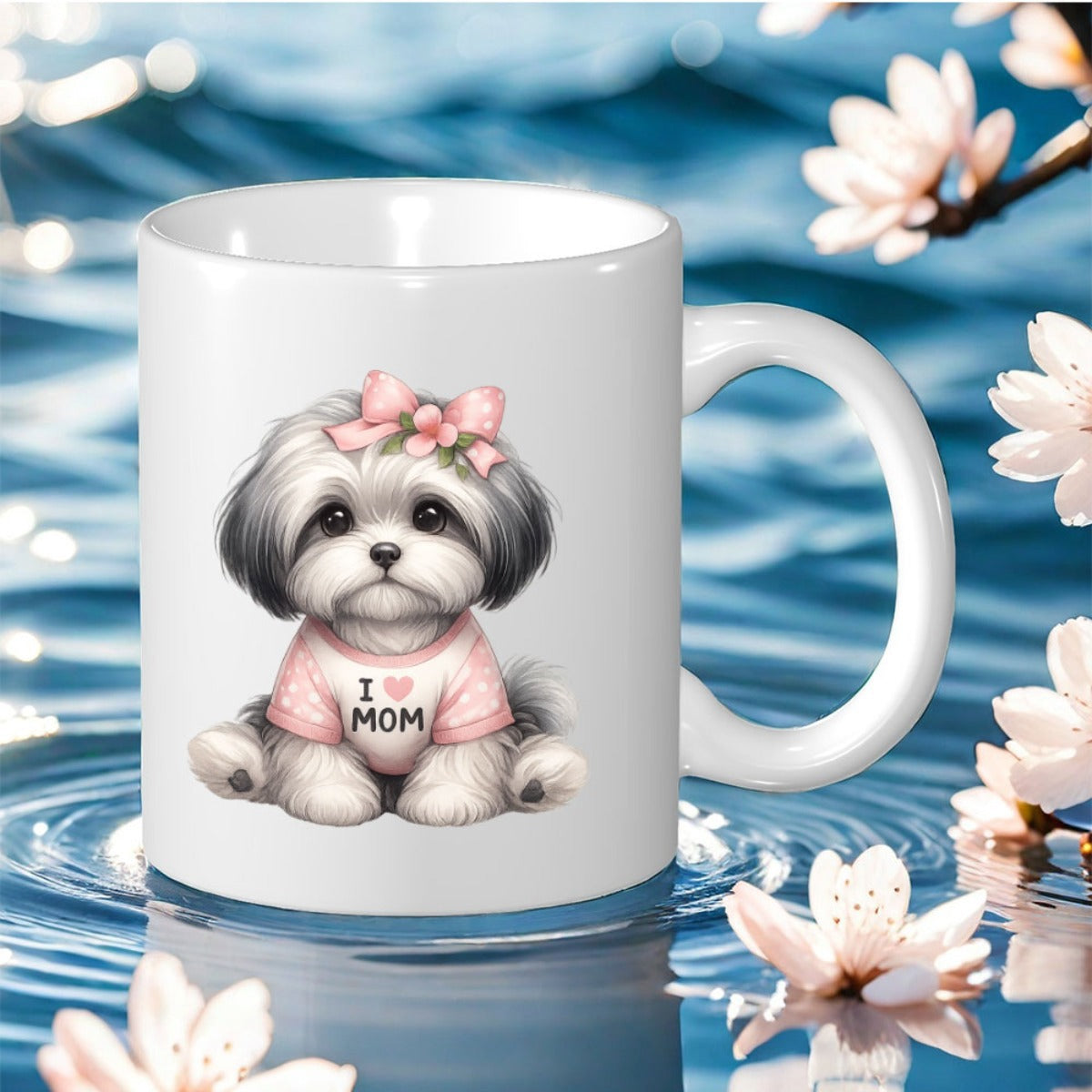 Tailorly White Ceramic 11 oz Mug - I Mom Adorable Fluffy Puppy Wearing Pink Bow And Shirt Cute Dog