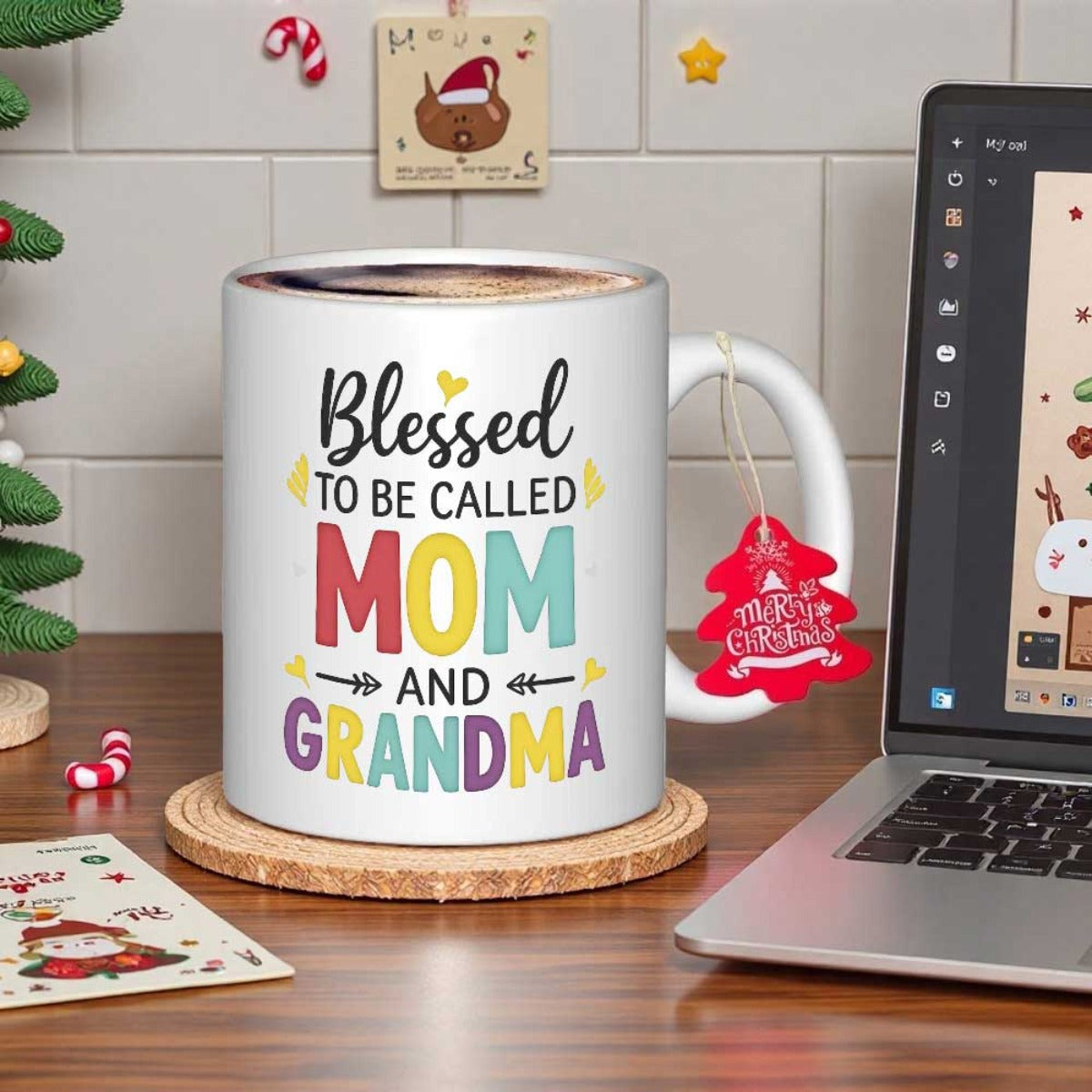 Tailorly White Ceramic 11 oz Mug - Blessed To Be Called Mom And Grandma Colorful Script Lettering Surrounded By Hearts On Simple Ceramic Mug