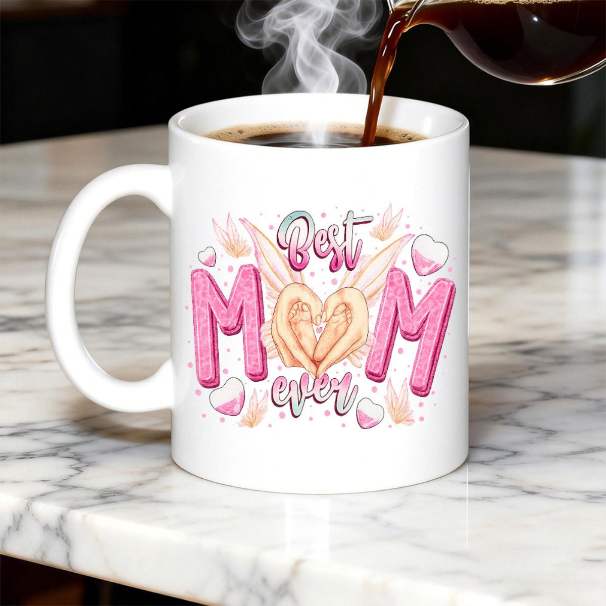 Tailorly White Ceramic 11 oz Mug - Best Mom Ever Pink Textured Letters With Angel Wings And Heart Gesture Mug