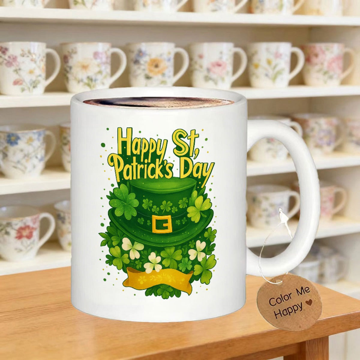 Tailorly White Ceramic 11 oz Mug - Happy St Patricks Day Festive Green Leprechaun Hat Decorated With Golden Buckle And Lush Shamrocks Mug