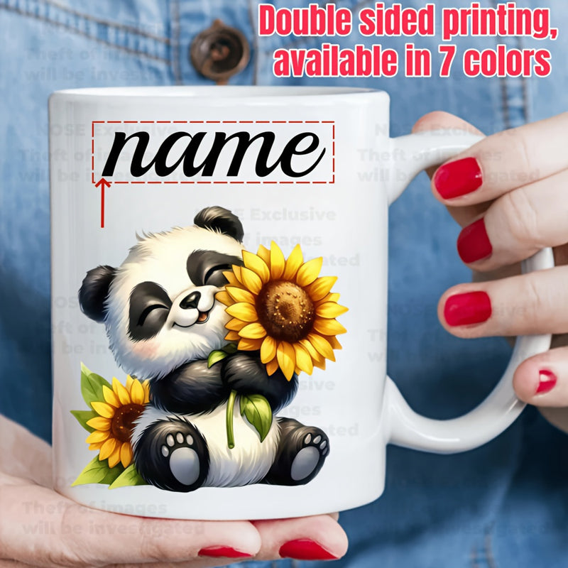Tailorly White Ceramic 11 oz Mug - Name Adorable Little Character Holding A Large Vibrant Yellow Blooming Summer Sunflower Panda