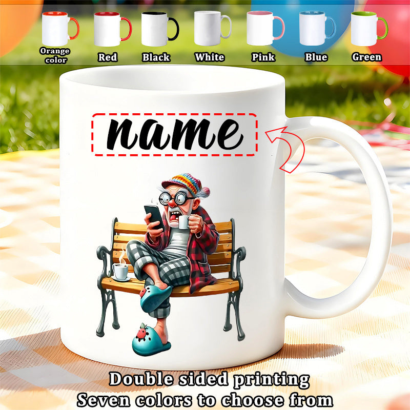 Tailorly White Ceramic 11 oz Mug - Name Humorous Cartoon Old Man Sitting On Wooden Park Bench Holding Coffee Grandfather