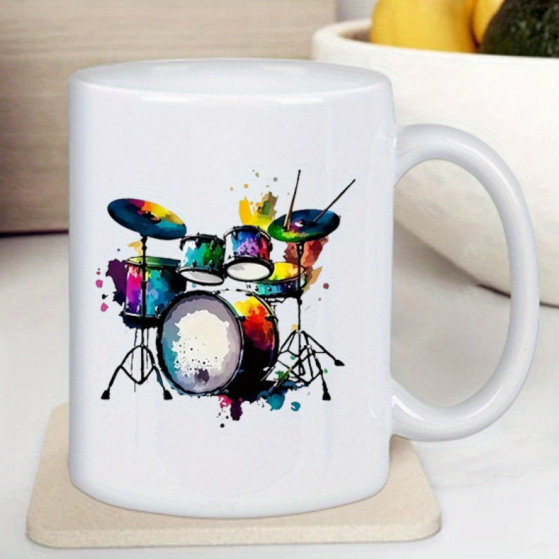 Tailorly White Ceramic 11 oz Mug - Vibrant Watercolor Splashes Decorating A Complete Professional Musical Percussion Drum Set