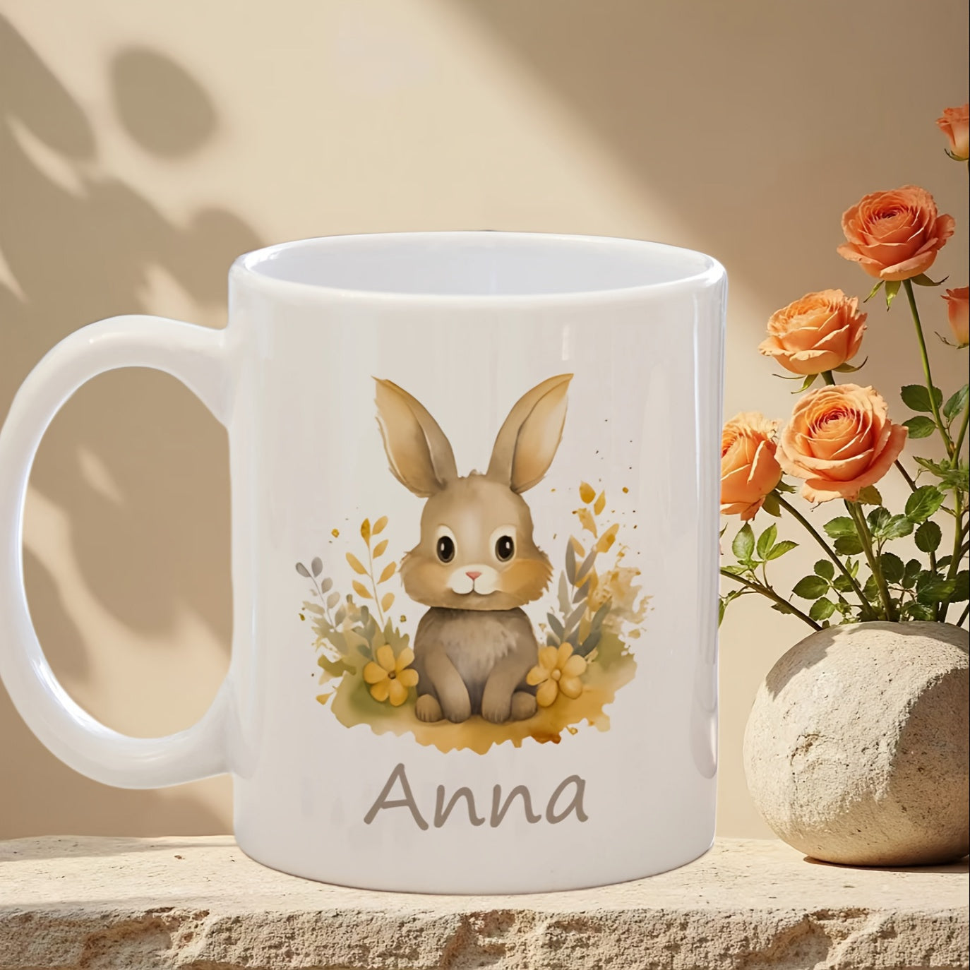 Tailorly White Ceramic 11 oz Mug - Anna Adorable Brown Bunny Sitting In A Golden Autumn Garden Rabbit