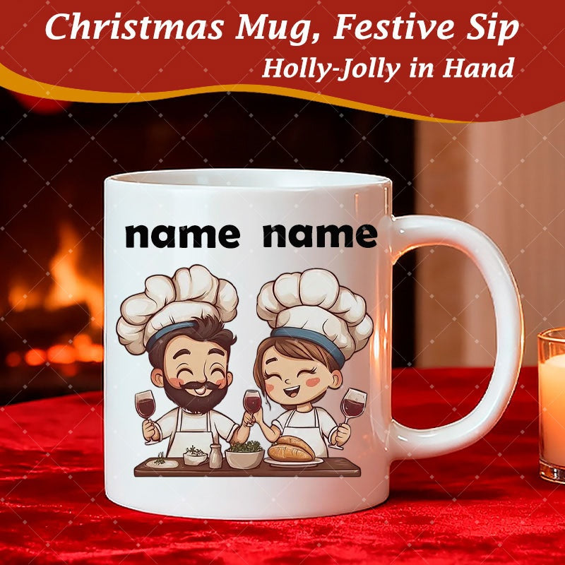 Tailorly White Ceramic 11 oz Mug - Name Name Happy Couple Celebrating With Wine Glasses And Gourmet Meal Chef