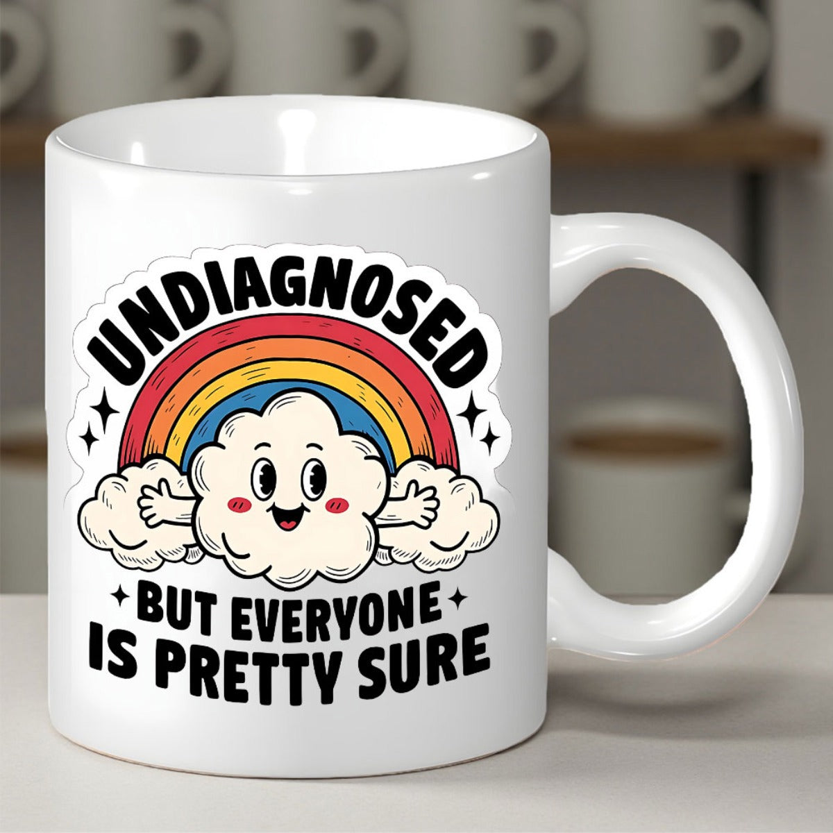 Tailorly White Ceramic 11 oz Mug - Undiagnosed But Everyone Is Pretty Sure Happy Smiling Cartoon Cloud Under A Colorful Rainbow Cloud