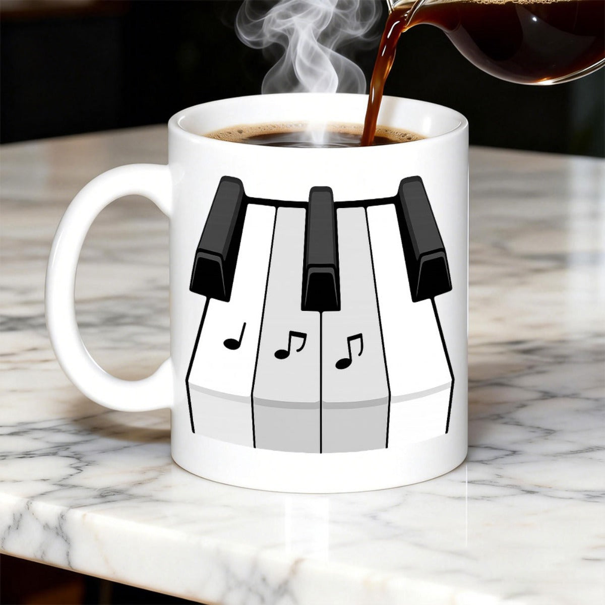 Tailorly White Ceramic 11 oz Mug - Illustrative Black And White Musical Notes On Classic Grand Piano