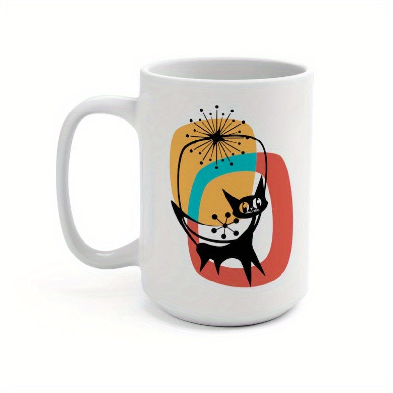 Tailorly White Ceramic 11 oz Mug - Retro Mid Century Modern Style Atomic Starburst With Abstract Colorful Geometric Shapes Cat