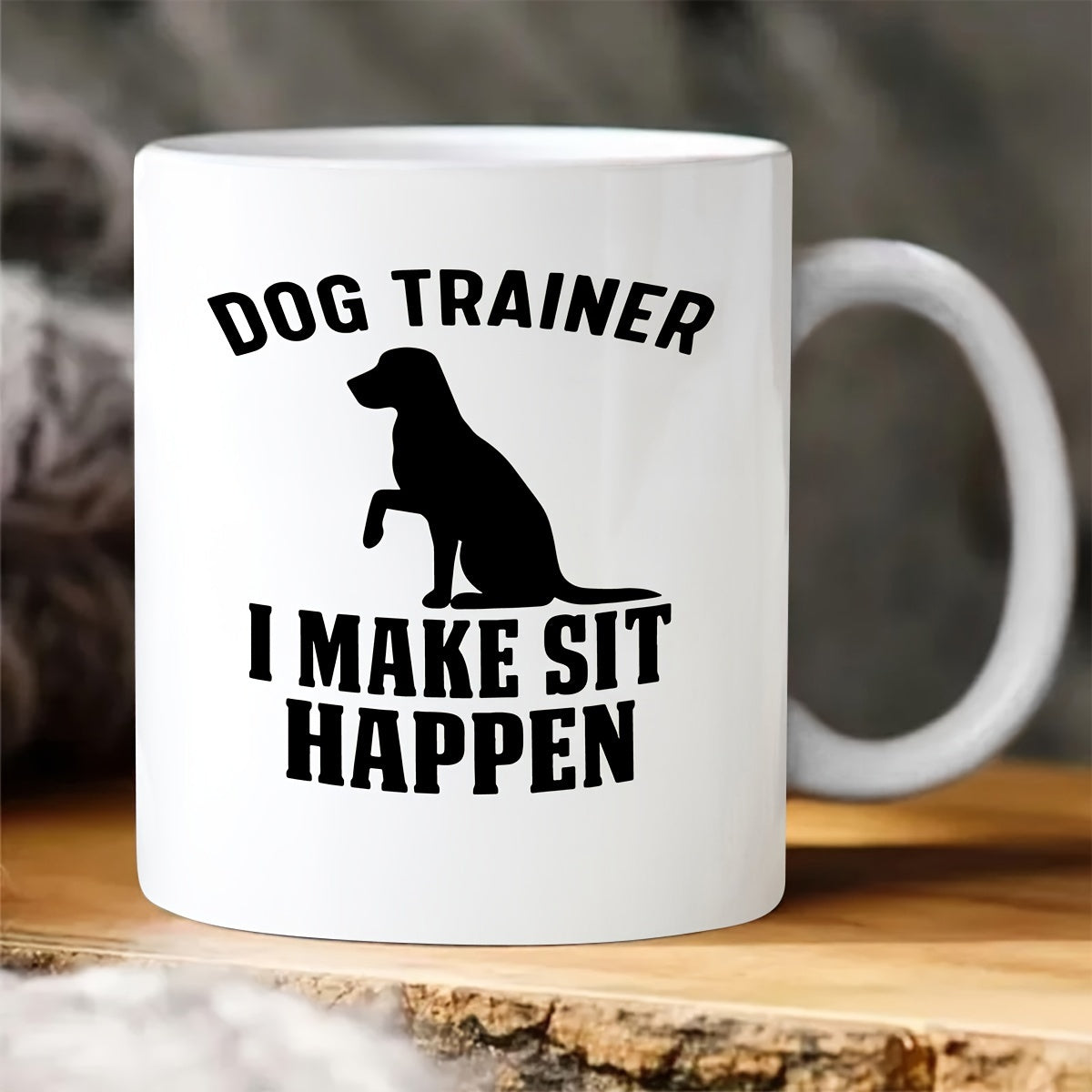 Tailorly White Ceramic 11 oz Mug - Dog Trainer I Make Sit Happen Disciplined Dog Sitting Patiently With Raised Paw In Minimalist Black Silhouette Dog