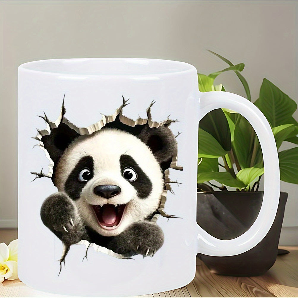 Tailorly White Ceramic 11 oz Mug - Cute Smiling Giant Panda Breaking Through A Realistic White Torn Wall Hole Panda