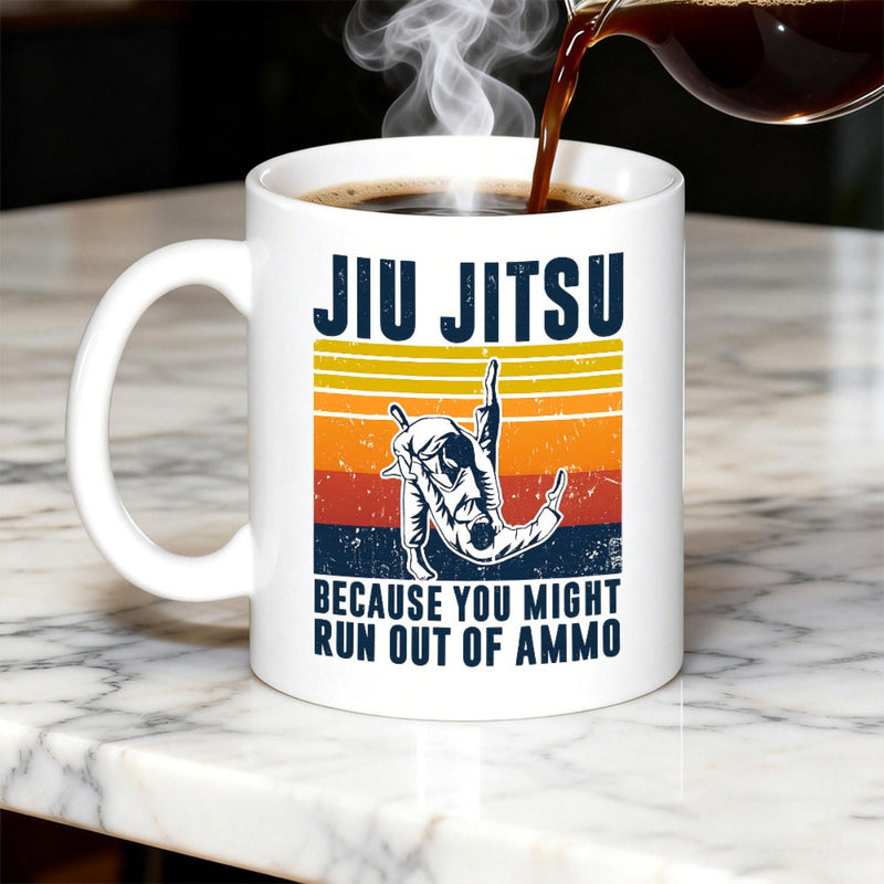Tailorly White Ceramic 11 oz Mug - Jiu Jitsu Because You Might Run Out Of Ammo Distressed Vintage Retro Sunset Background With Martial Artist Performing Dynamic