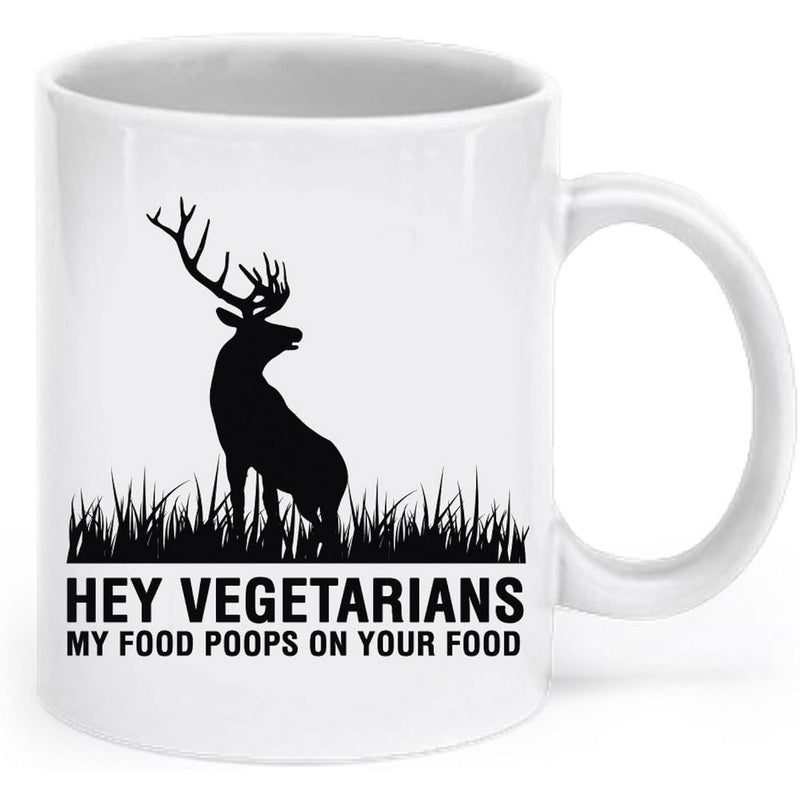 Tailorly White Ceramic 11 oz Mug - Hey Vegetarians My Food Poops On Your Food Majestic Buck Silhouette Standing In Field Of Grass With Detailed Antlers Deer
