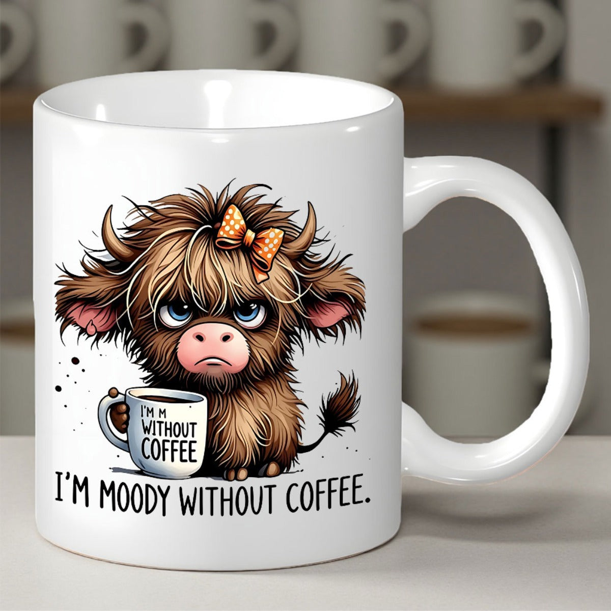 Tailorly White Ceramic 11 oz Mug - Im Moody Without Coffee Adorable Grumpy Fluffy Brown Fur Animal Wearing An Orange Hair Bow Highland Cow