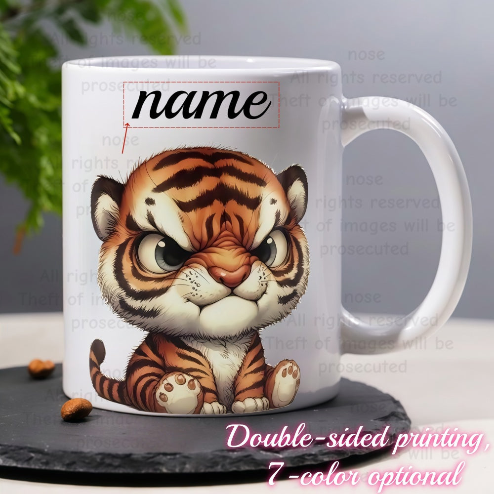 Tailorly White Ceramic 11 oz Mug - Name Cute Grumpy Little Baby Wild Animal With Detailed Orange Stripes Sitting Tiger