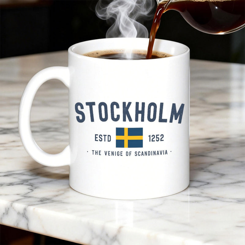Tailorly White Ceramic 11 oz Mug - Stockholm Estd 1252 The Venice Of Scandinavia Coffee Being Poured Into White Ceramic Cup Featuring National Swedish Flag Mug