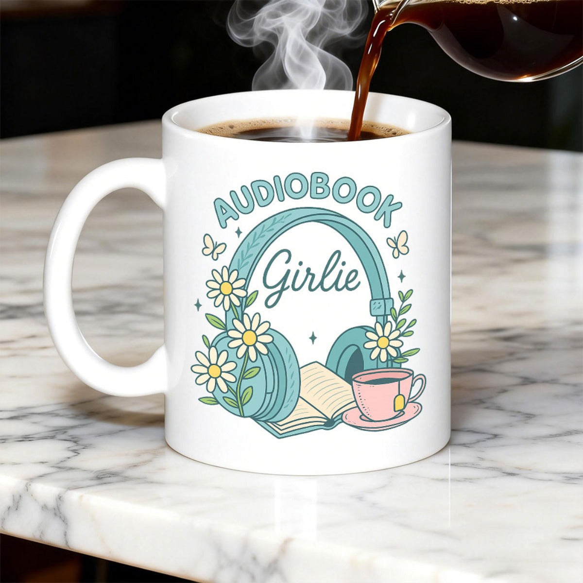 Tailorly White Ceramic 11 oz Mug - Audiobook Girlie Gentle Daisies With Open Book And Steaming Tea Cup Inside Headphones