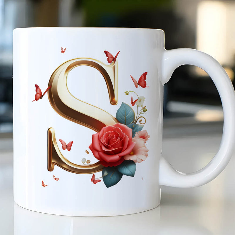 Tailorly White Ceramic 11 oz Mug - S Metallic Golden Artistic Style Decorated With Red Rose And Butterflies Letter