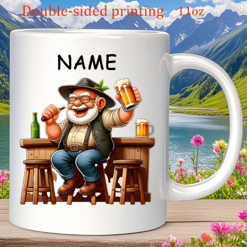 Tailorly White Ceramic 11 oz Mug - Name Jolly Bearded Man Holding Frothy Beer Mug At Rustic Tavern Bar Character