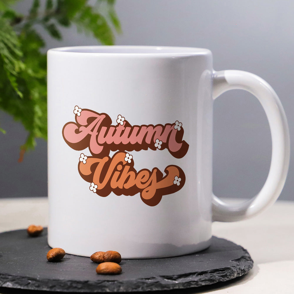 Tailorly White Ceramic 11 oz Mug - Autumn Vibes Retro Stylized Typography With Small White Flowers In Warm Tones Mug