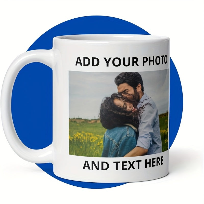 Tailorly White Ceramic 11 oz Mug - Add Your Photo And Text Here Romantic Couple Embracing In A Lush Green Field Under Soft Daylight Couple