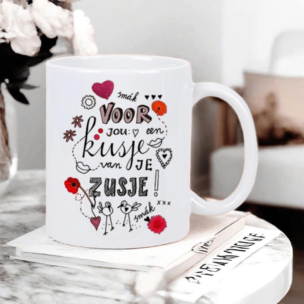 Tailorly White Ceramic 11 oz Mug - Whimsical Hand Drawn Elements With Little Birds And Red Hearts Heart