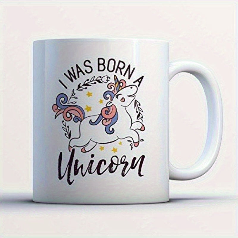 Tailorly White Ceramic 11 oz Mug - I Was Born A Unicorn Whimsical Magical Creature Jumping Over Golden Stars And Floral Branch Unicorn
