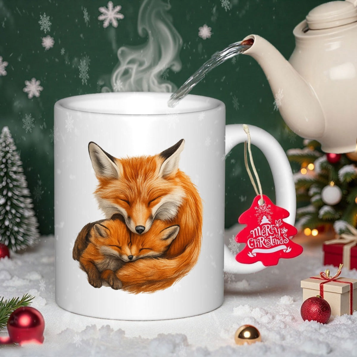 Tailorly White Ceramic 11 oz Mug - Merry Christmas Adorable Mother And Baby Fox Snuggling Closely Amidst Winter Snow Scene Fox