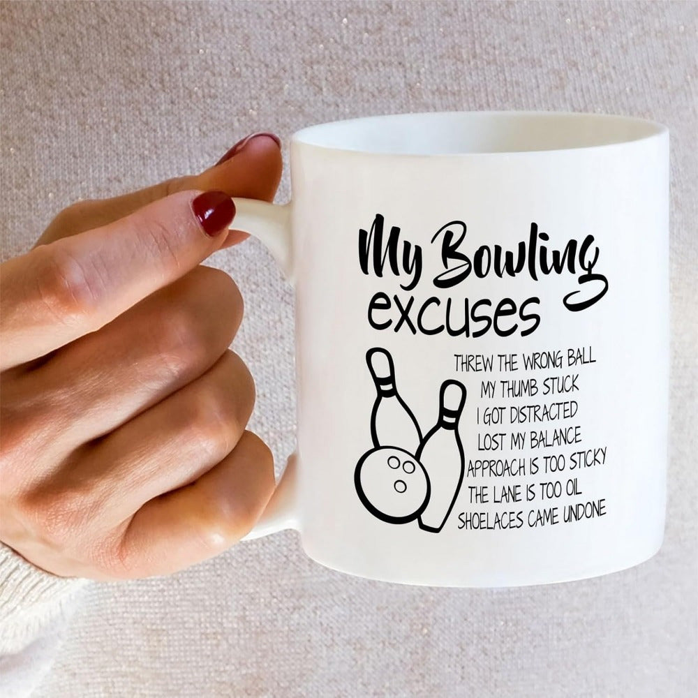 Tailorly White Ceramic 11 oz Mug - My Bowling Excuses Minimalist Black Line Art Illustration Of Professional Sport Equipment Pins And Bowling