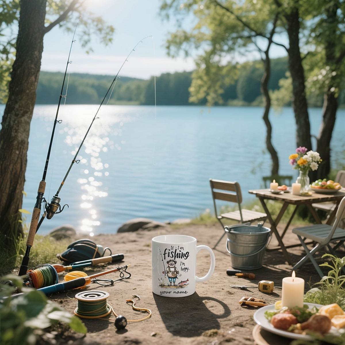 Tailorly White Ceramic 11 oz Mug - Fishing Cartoon Character Enjoying Outdoor Life Beside A Calm Scenic Lake Fisherman