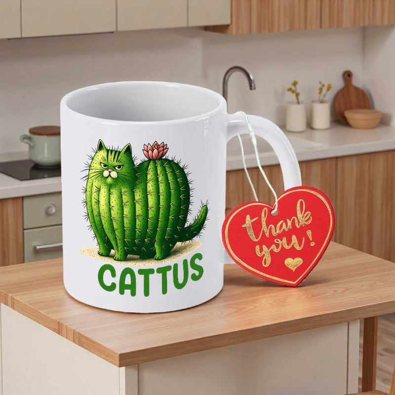 Tailorly White Ceramic 11 oz Mug - Cattus Feline Shaped Desert Succulent With Small Pink Flower Blossoming On Top Cattus