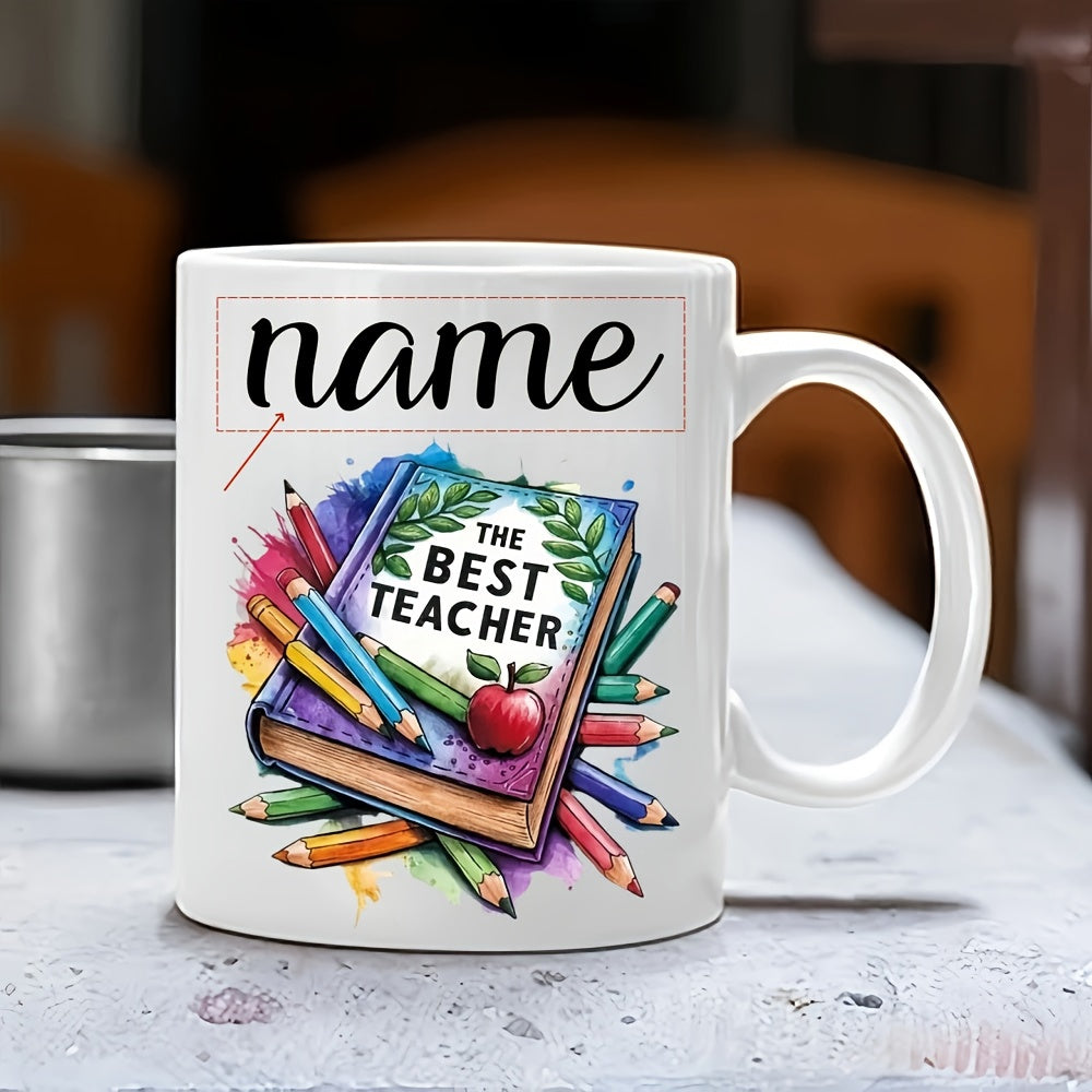 Tailorly White Ceramic 11 oz Mug - Name The Best Teacher Colorful Educational Stationery Set With Pencils And Red Apple Resting On A Stacked Book