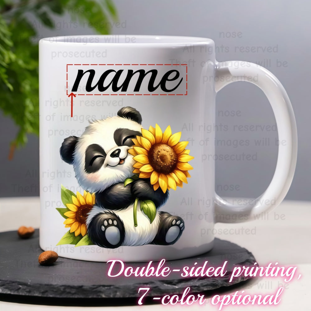 Tailorly White Ceramic 11 oz Mug - Name Adorable Cub Sitting Gently Holding A Large Vibrant Yellow Sunflower Panda