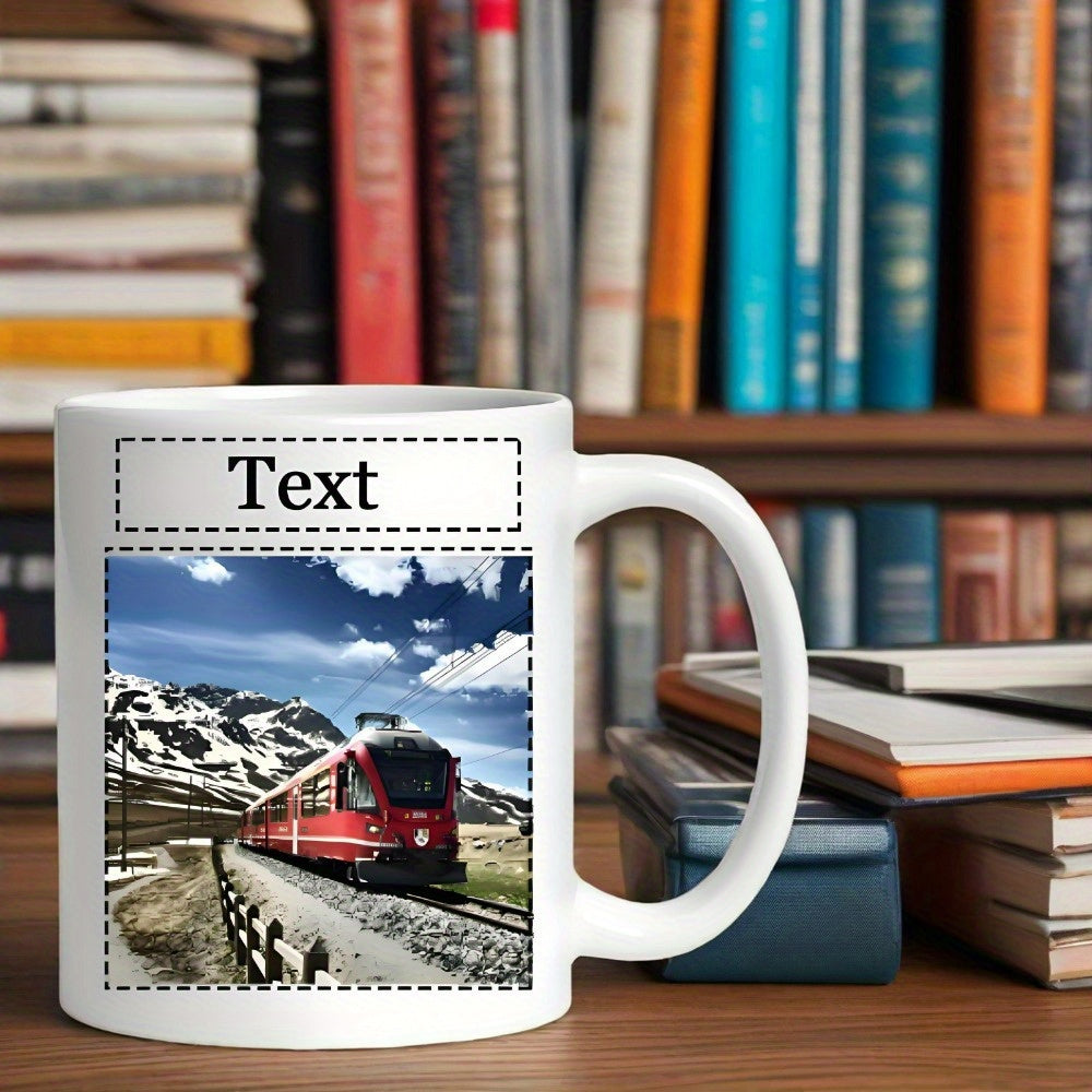 Tailorly White Ceramic 11 oz Mug - Text Vibrant Red Train Traveling Through Snow Capped Mountains Under Blue Sky Train