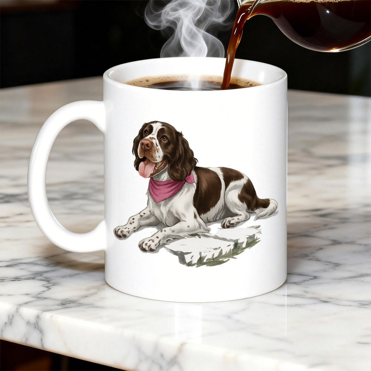 Tailorly White Ceramic 11 oz Mug - Loyal Brown And White Springer Spaniel Wearing Pink Bandana Lying Gracefully Dog