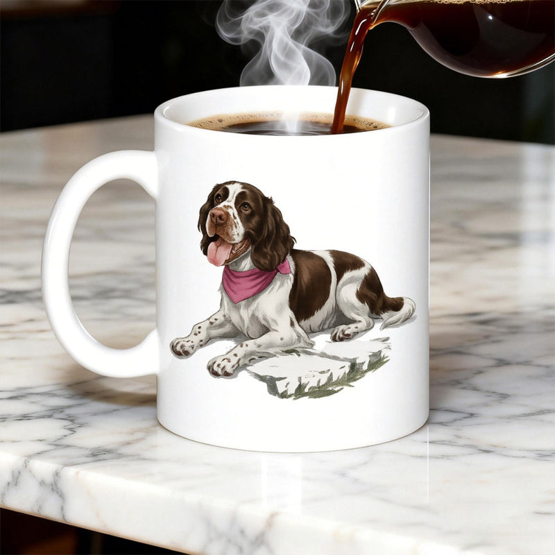 Tailorly White Ceramic 11 oz Mug - Loyal Brown And White Springer Spaniel Wearing Pink Bandana Lying Gracefully Dog